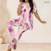 Women Plus Size Floral Printed Two Piece Set Round Neck Short Sleeve Light Green Fitted Long Pants Set