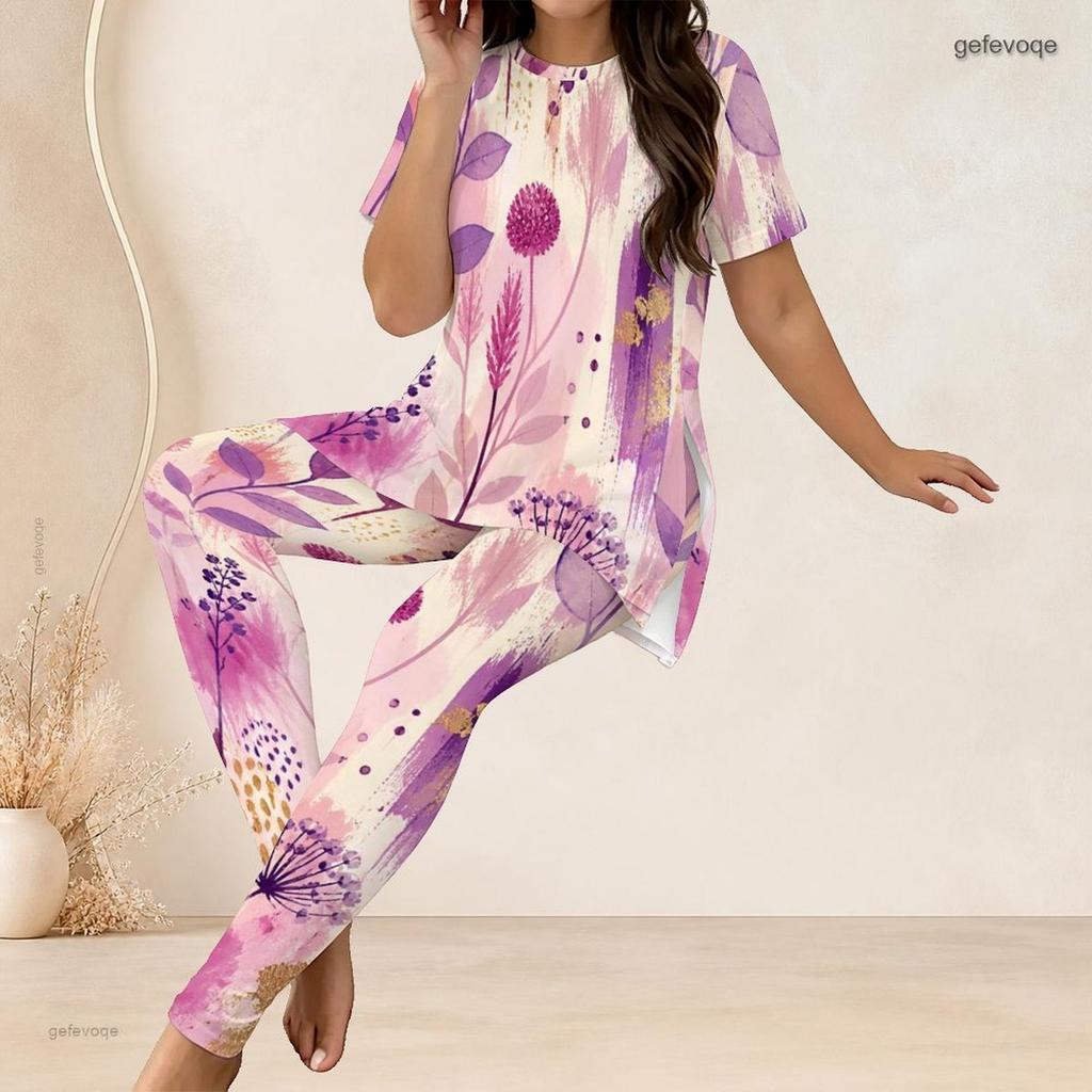 Women Plus Size Floral Printed Two Piece Set Round Neck Short Sleeve Light Green Fitted Long Pants Set