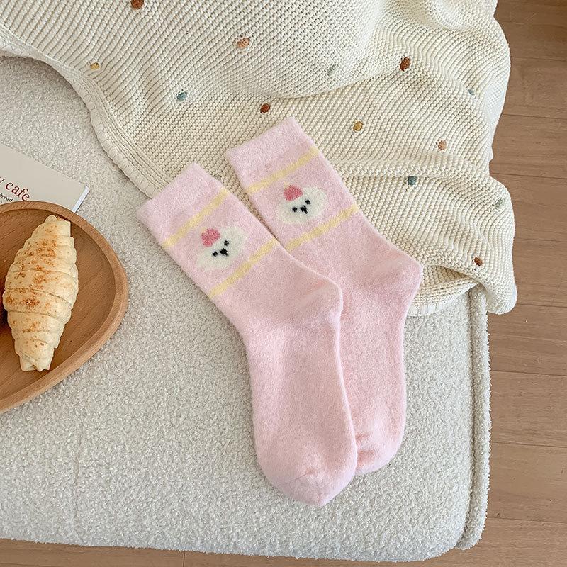Australian Fleece Socks For Women Cute Pink Puppy Comfortable And Warm Fleece Thickened Mid-Leg Home Soft Sleep Socks