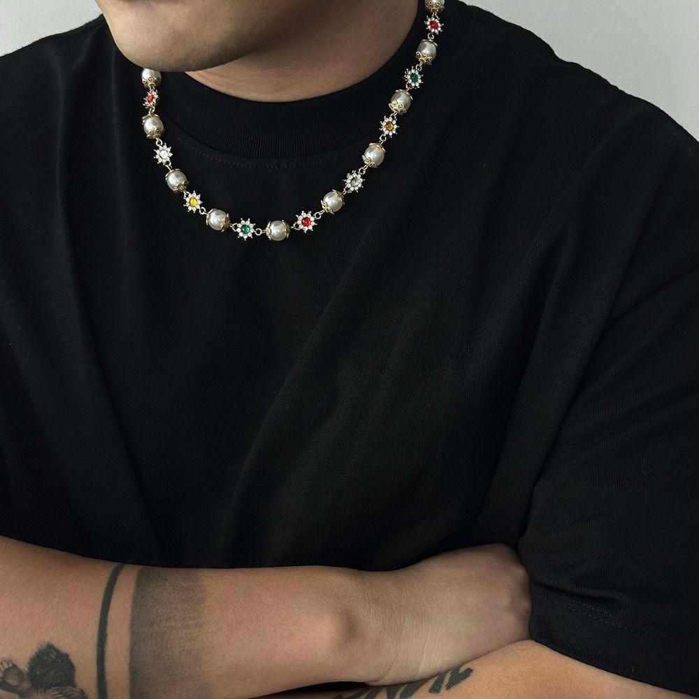 Neck Jewelry Colorful Rhinestone Choker Beads String Imitation Pearl Clavicle Chain Party