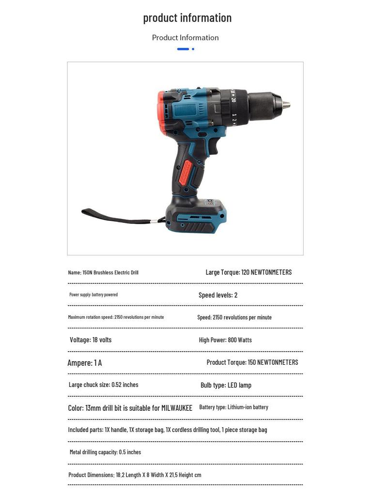 150N High-Torque Rechargeable Brushless Electric Drill with Lithium Battery