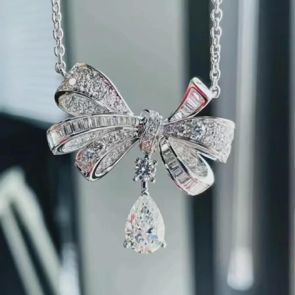 Zircon Bow Pendant Water Drop Necklace – Elegant, Versatile Clavicle Chain for Women
