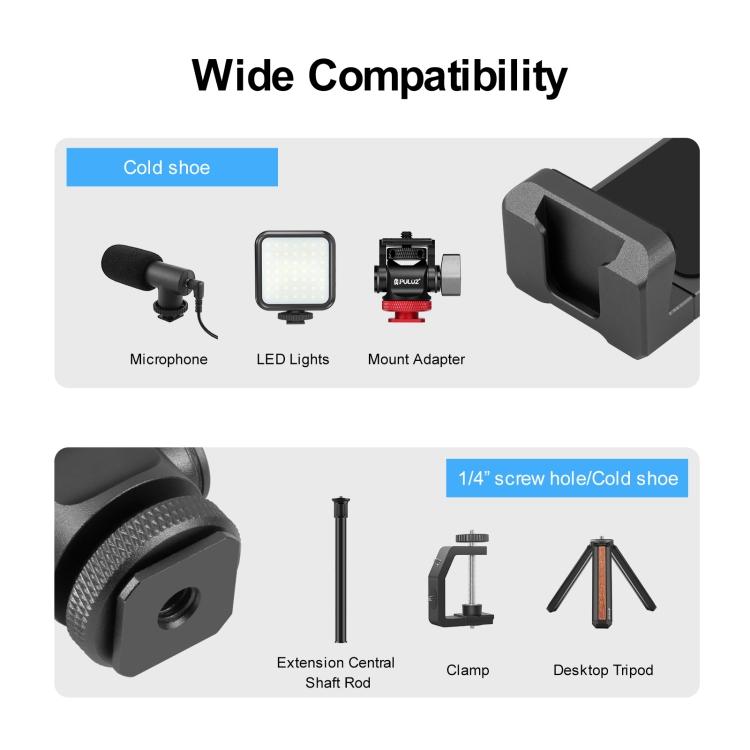 PULUZ Tripod Head Cold Shoes Aluminum Alloy Phone Clamp Holder Bracket (Black)