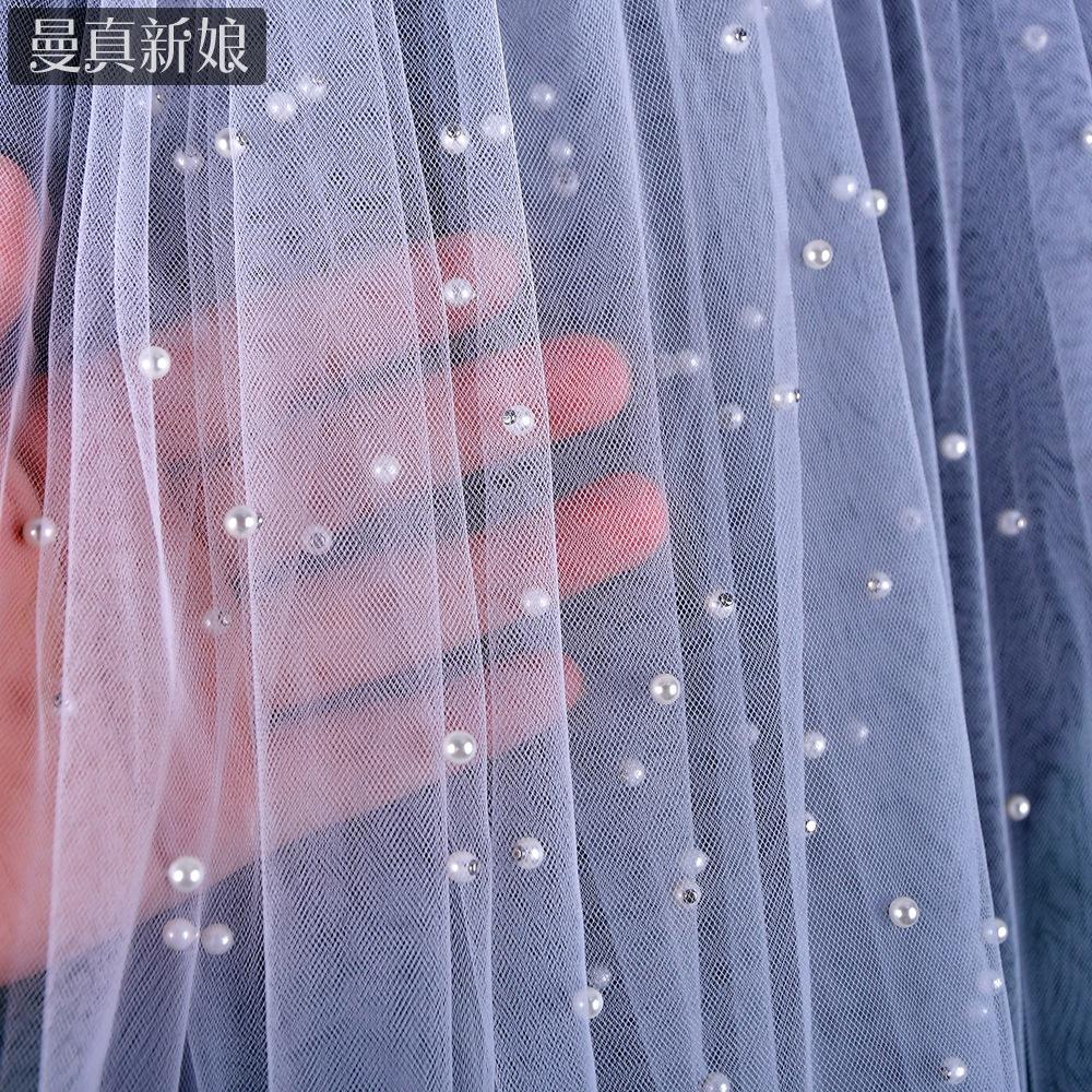 All Over Scattered Pearl Sheer Tulle Bridal Veil, Single Layer Plain Ivory Wedding Veil For Lace Satin Gown Pre-Wedding Elopement Portrait Shoot