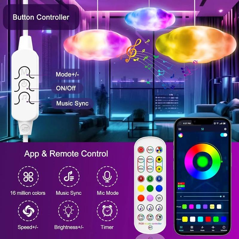 RGB LED Cloud Lights APP&Remote Control,Music Sync 3D Lightning Night Lamp for Bedroom Gaming Room Ceiling Party Wedding Decor