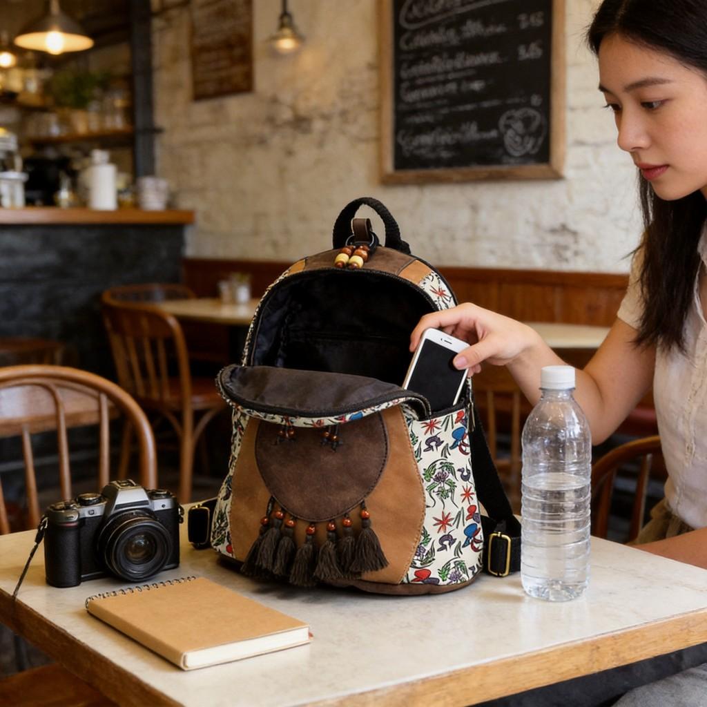 Retro Chinese Style Womens Backpack Pu Leather Travel Bag With Multiple Pockets For Casual Use