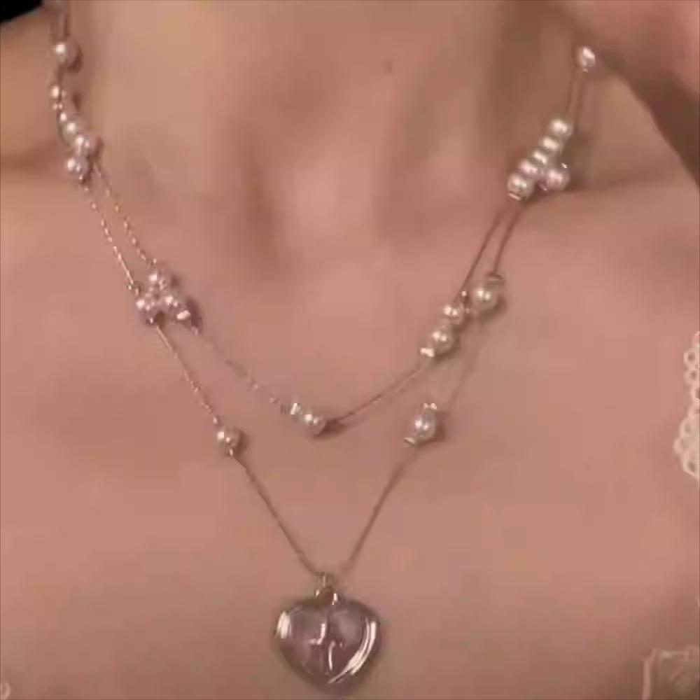 

Розовый жемчуг любовь многослойная подвеска ожерелье милый темперамент маленькая свежая ключичная цепочка нишевая мода универсальные украшения