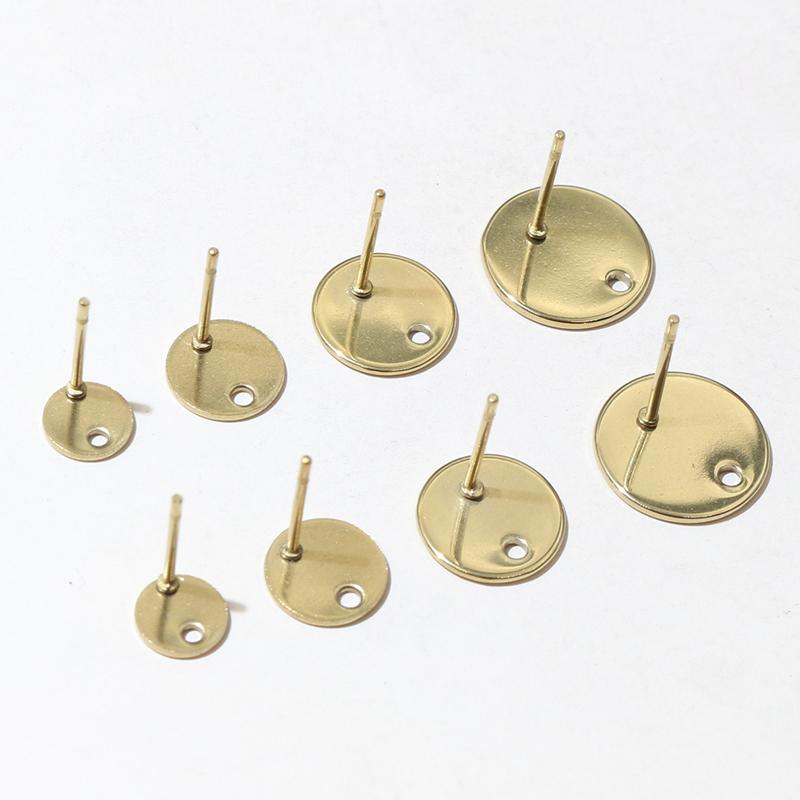 20pcs 6/8/10/12mm 316 Stainless Steel Gold Plated Pin Findings Stud Earring With Hole Connector For DIY Jewelry Making Supplies