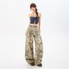 Spring Summer Pure Cotton Dead Leaf Camo Vintage Relaxed Wide Leg Cargo Denim Pants For Ladies Casual Pants Oversize Denim Trousers