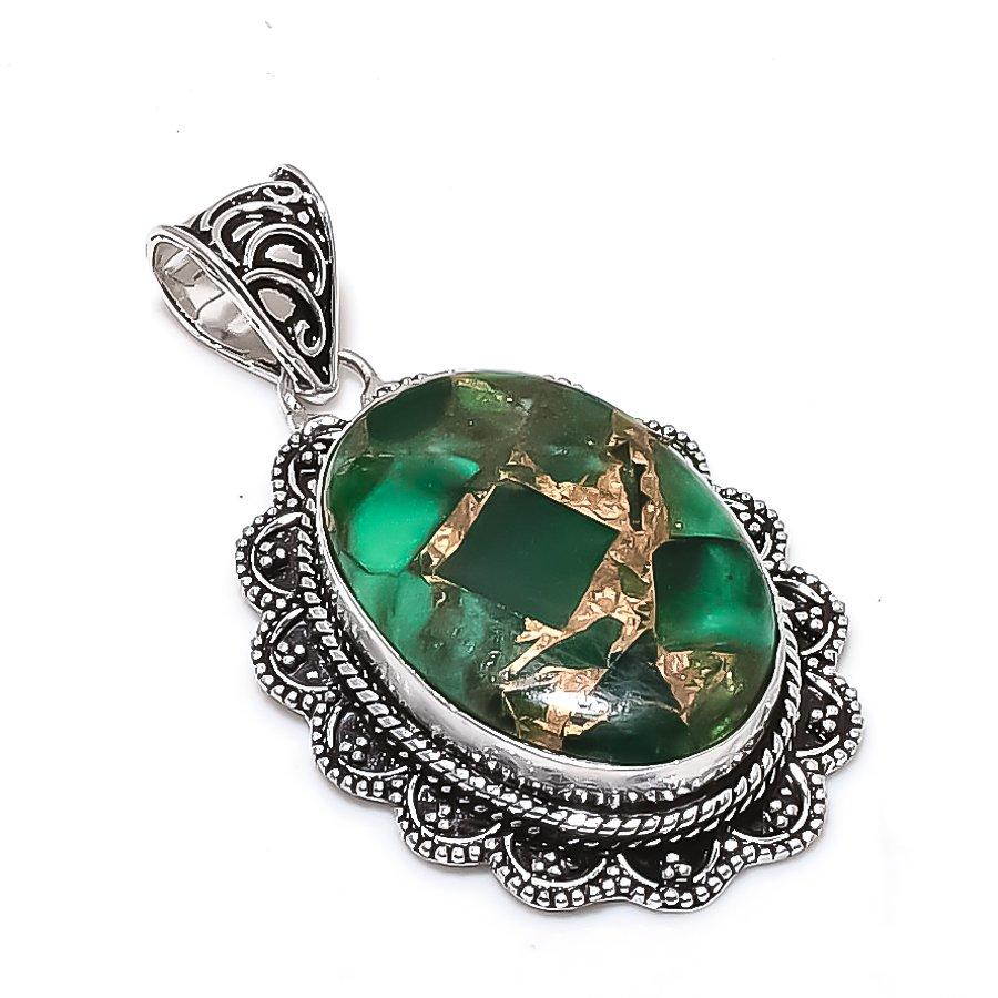 Натуральный медно-изумрудный драгоценный камень 925 пробы стерлингового серебра Ювелирный кулон 2,17  ETC-14006