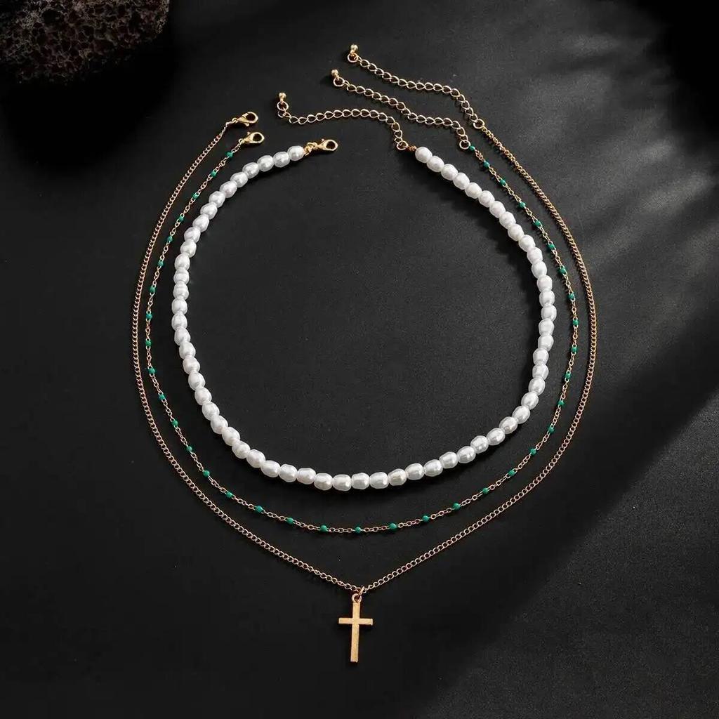 SHIXIN 3Pcs/Set Punk Imitation Pearl Chain Jesus Cross Pendant Necklace for Women Hip Hop Layered Chain New Fashion Jewelry 2026