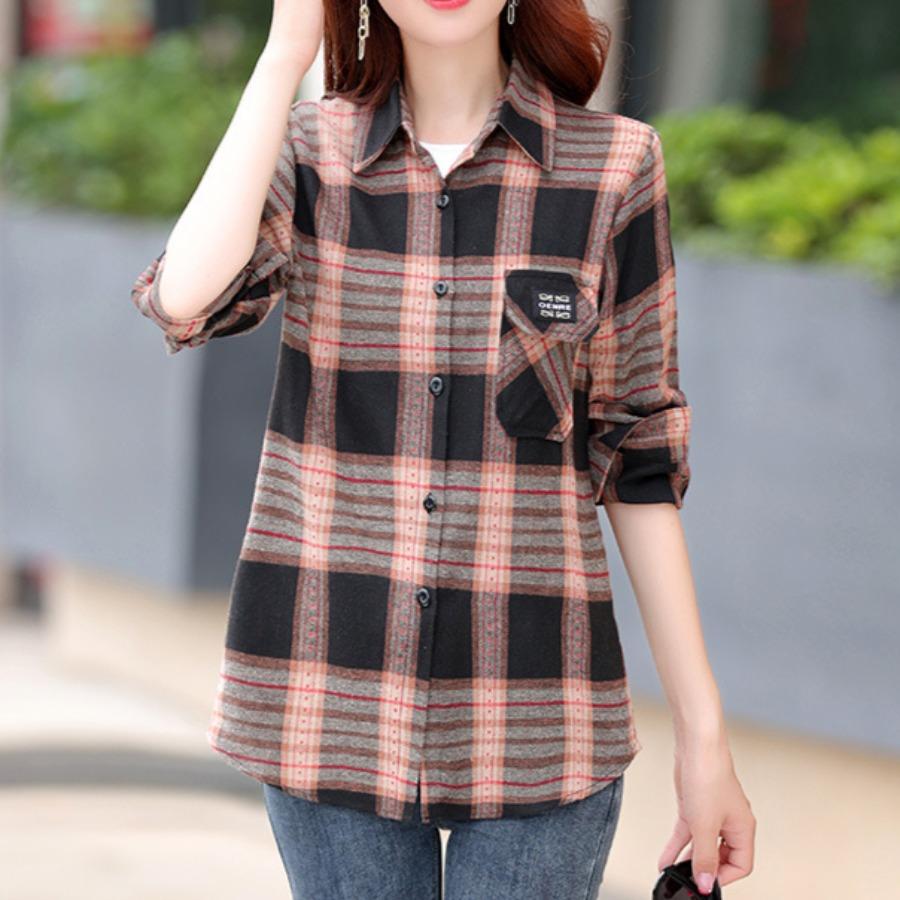Checkered Long Sleeve Cotton Shirt for Women Fashionable Middle-aged Mother Spring Summer Trendy Casual Shirts Top