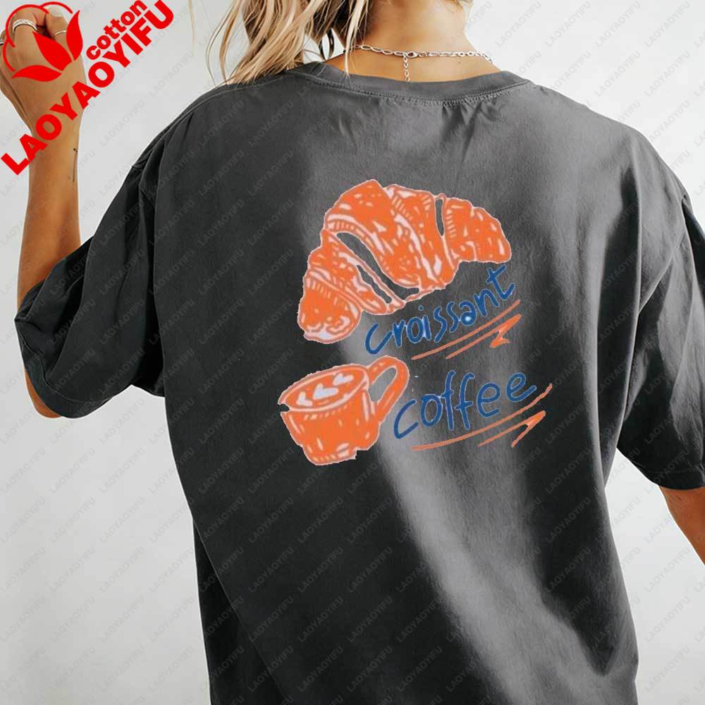 Womens Casual TShirt Croissant Coffee Print Short Sleeve Cute Food Graphic Cotton Tops Fit Streetwear Blouse for Daily Wear
