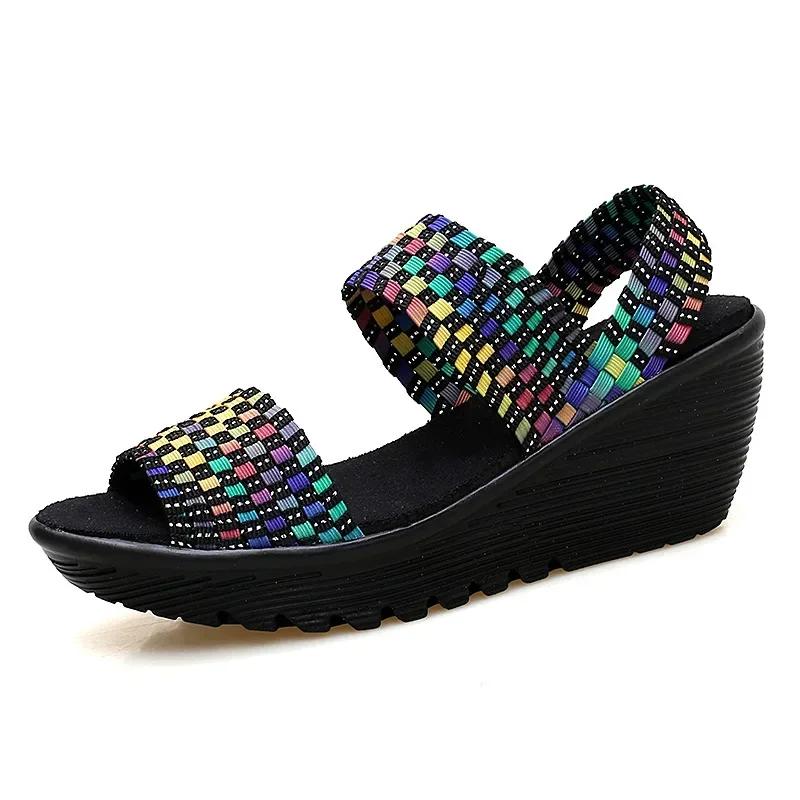 Keilabsatz-Plateau-Websandalen Mode Peep Toe Bequem Atmungsaktiv Mama-Schuhe Damen Casual Dicke Sohle Sandalias Mujer 2024