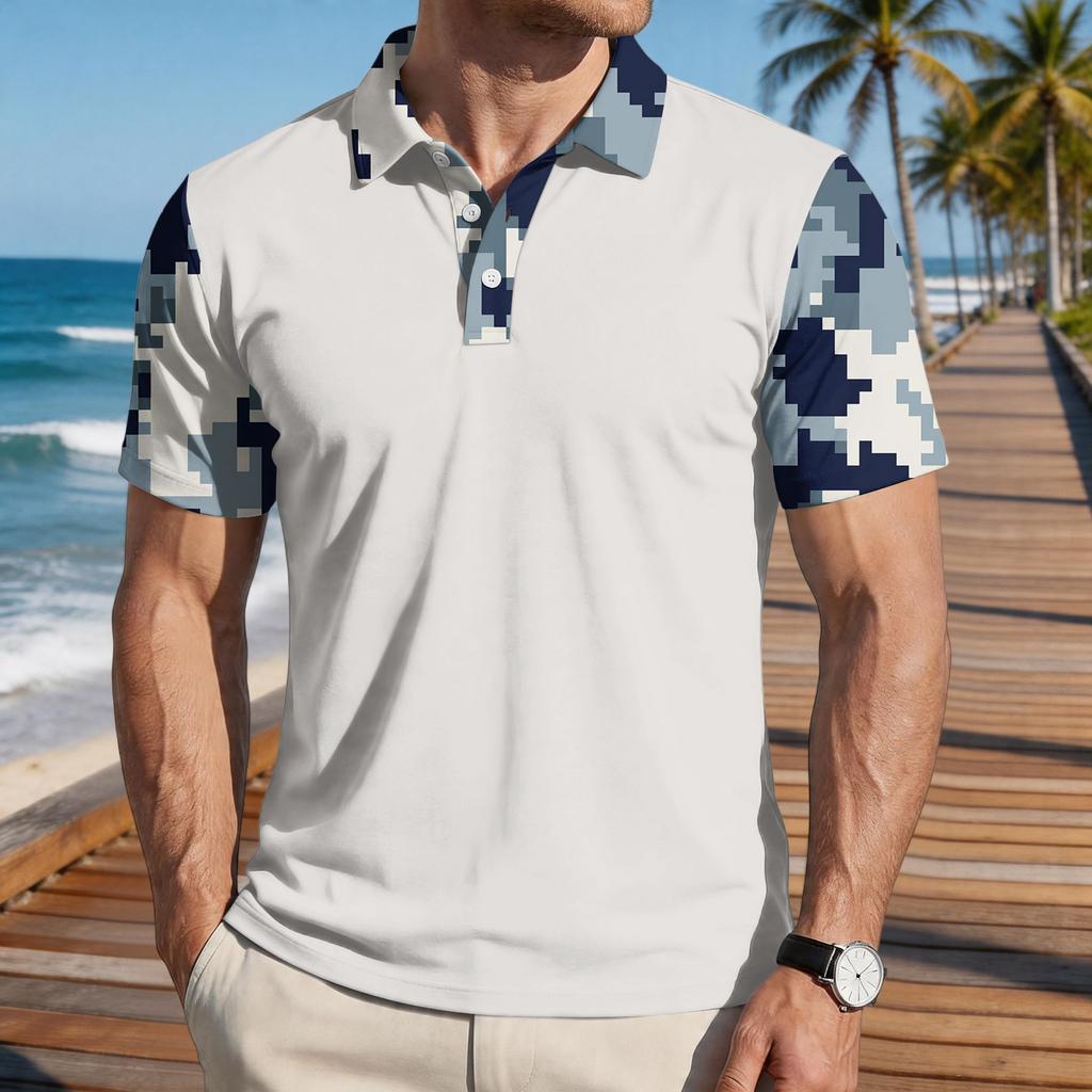 Men's Loose Fit Casual Polo Shirt Short Sleeve Camouflage Print Patchwork Design Button Collar Summer Top