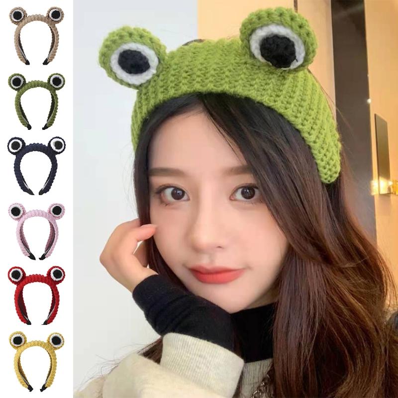 Knitted Animal for Frog Headwear Cartoon Big Eyes Hairband Cute Photo Props Fancy Dress Halloween Cosplay Accessories