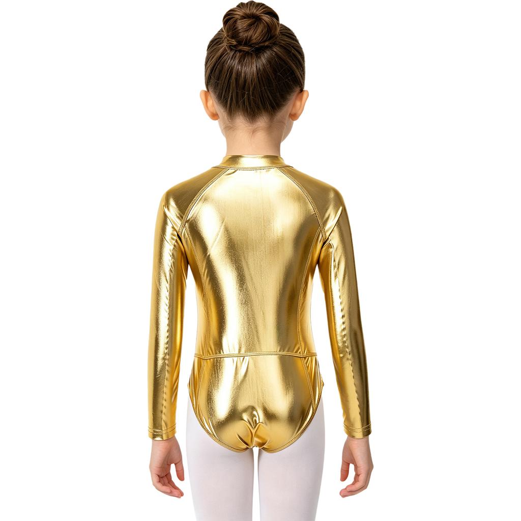 Kids Girls Zipper Metallic Leotard Long Sleeve Shiny Bodysuit for Jazz Dance Stage Performance Cosplay Theme Party Costume