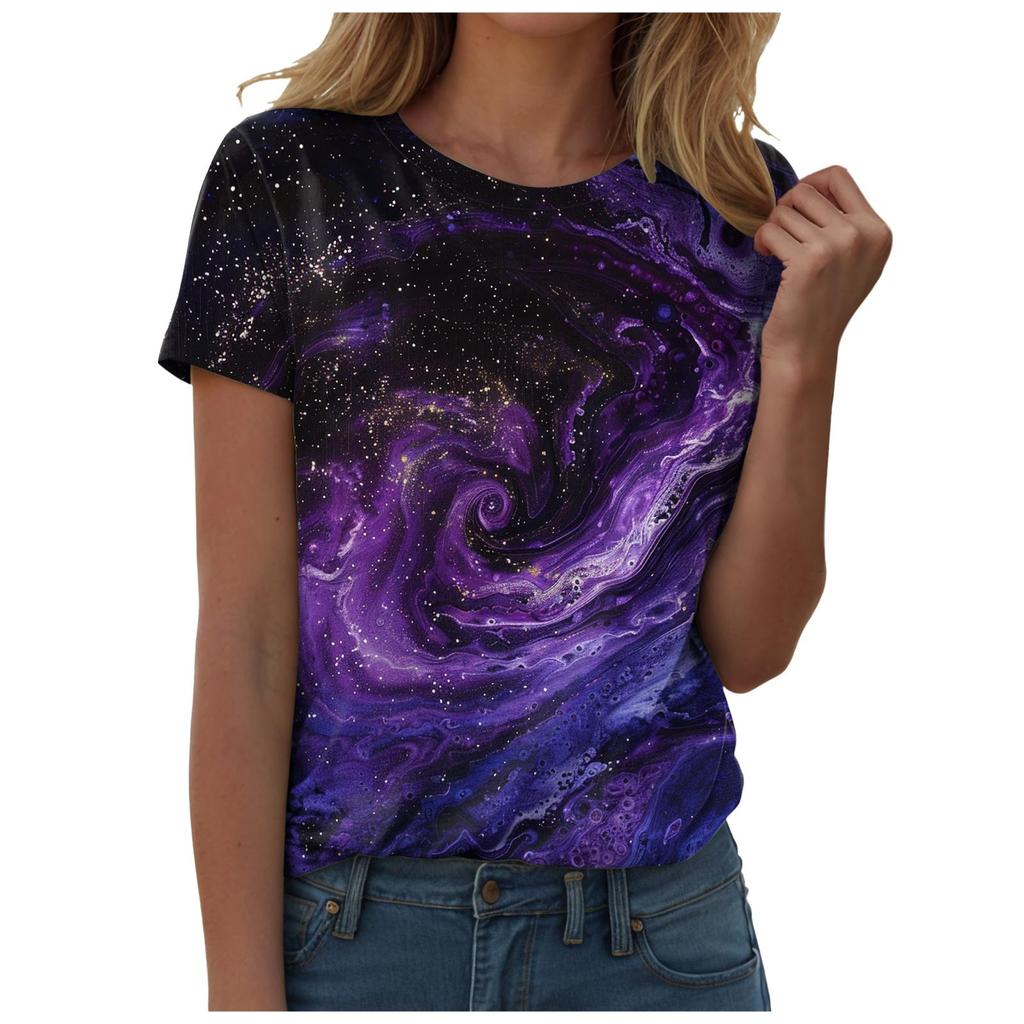 Women Galaxy Print T Shirts Glitter T-Shirts Fashionable Starry Sky Summer T-Shirts Round Neck Woman'S Summer Tops