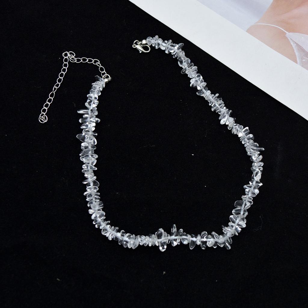 Japanese and Korean Retro Transparent Beaded Stone Necklace Spice Girl Irregular Crystal Stone Neck Chain Fairy Collarbone Chain Tide