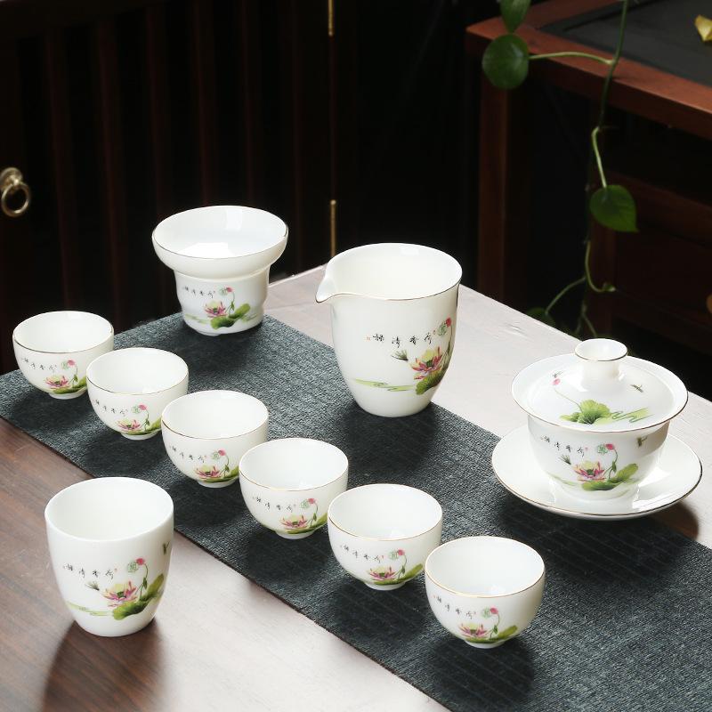 Ceramic suet jade porcelain kung fu tea set with gifts for home use