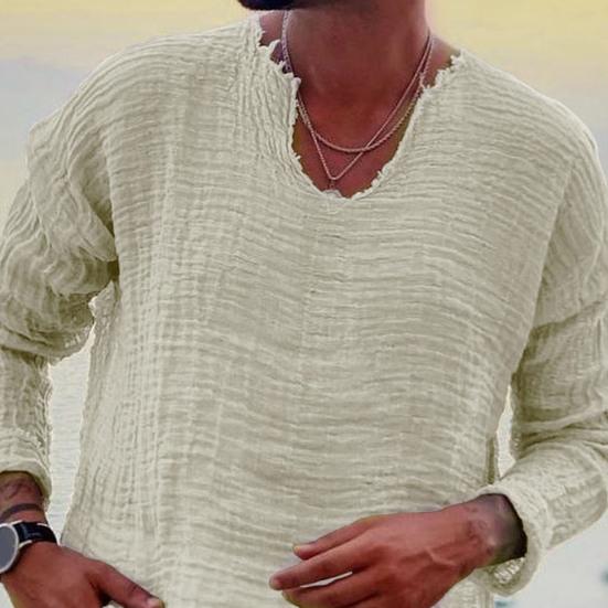 Pánské košile s výstřihem do V s dlouhým rukávem Ležérní košile topy Burr Edge Skládaný Jednobarevný Volný střih Tenký pulovr Topy Streetwear