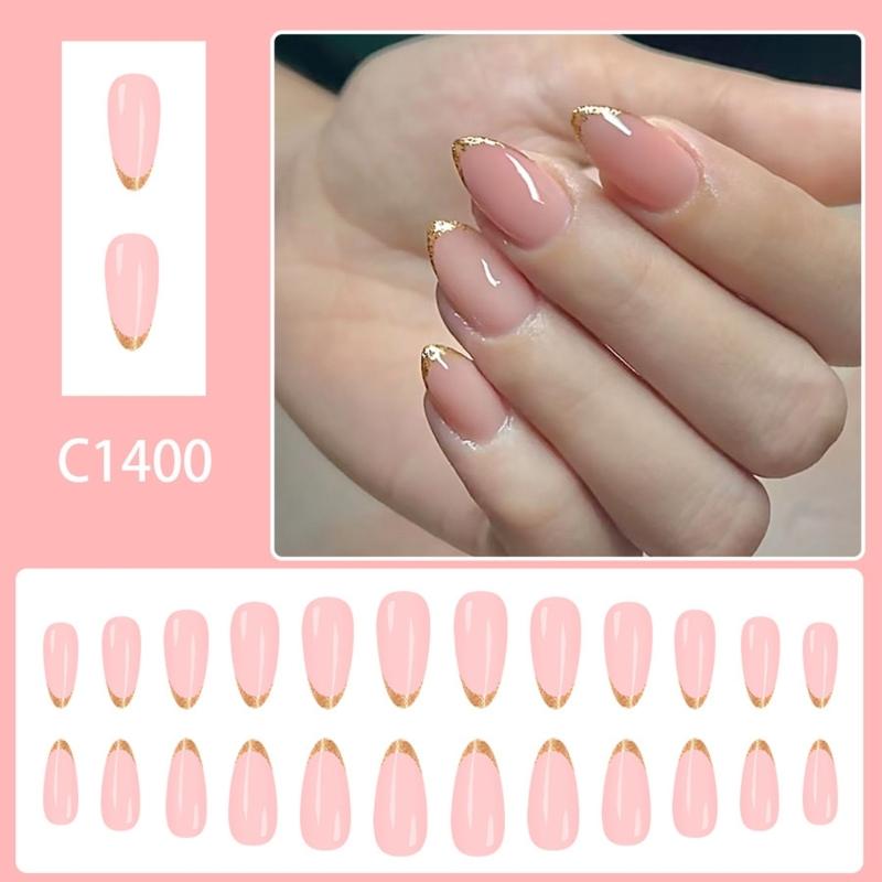 24Pcs Glitters French False Nail Almond Shape With Blush Pink Design Press On Nail For Daily Use Holiday Party