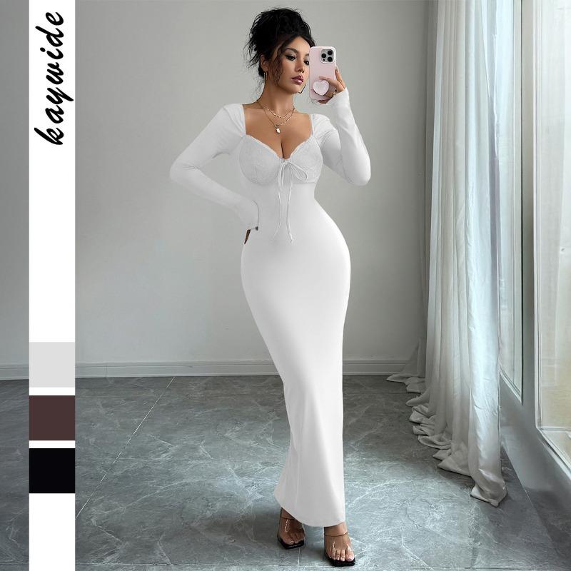 European American Elegant Solid Color Lace Hip Skirt Dress Women's Autumn Winter