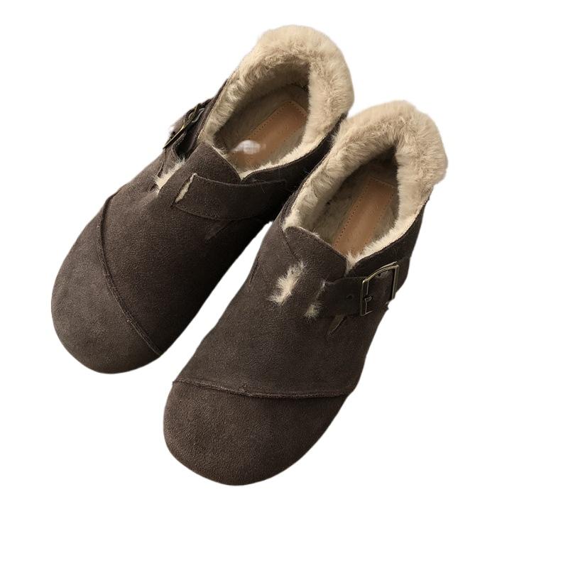 Fashion 2024 Autumn and Winter New Fashion Leather Women Plus Velvet Retro Bean Shoes Women Cotton Shoes Women Flat Shoes