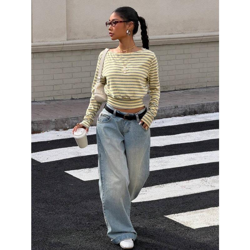 Damen S Gestreiftes Off-Shoulder Langarm Cropped T-Shirt