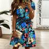 Plus Size Ladies V Neck Short Sleeve Dress Tropical Leaf Printed Flowy Dress For Beach Vacation And Everyday Use