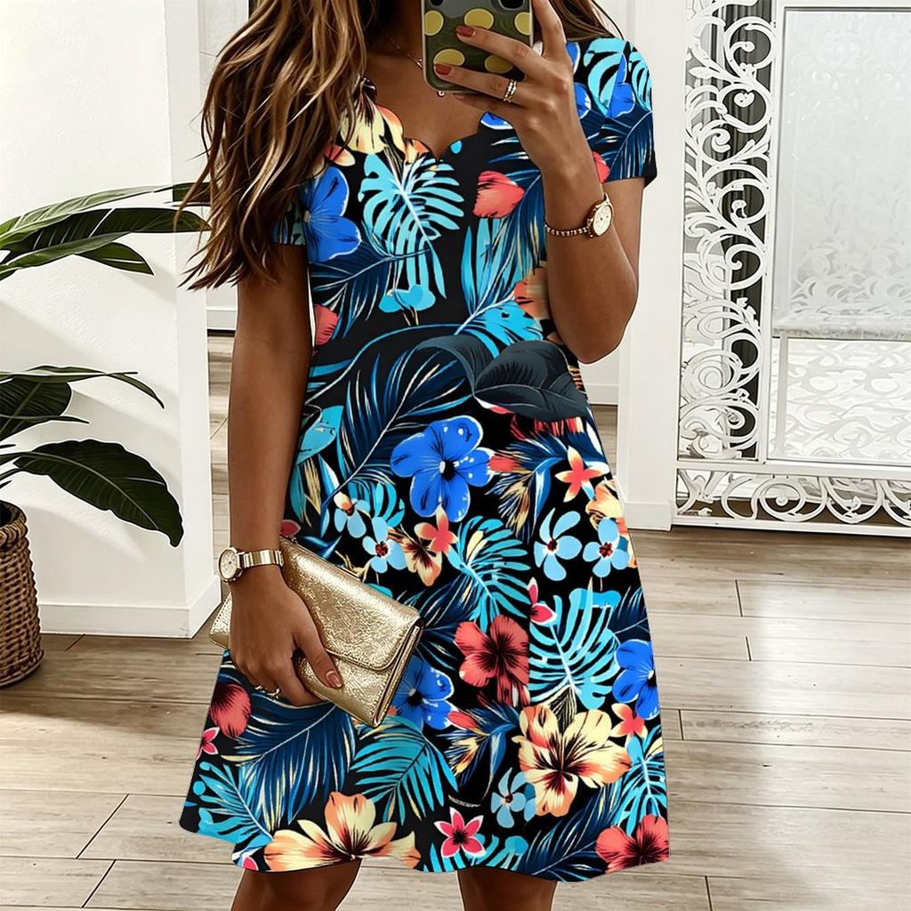 Plus Size Ladies V Neck Short Sleeve Dress Tropical Leaf Printed Flowy Dress For Beach Vacation And Everyday Use