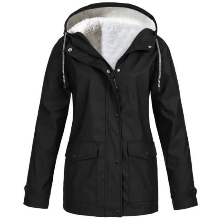

Winter Autumn Women Hoodie Plush Lined Hiking Jacket with Hood Drawstring Pockets for Climbing Coat M чёрный