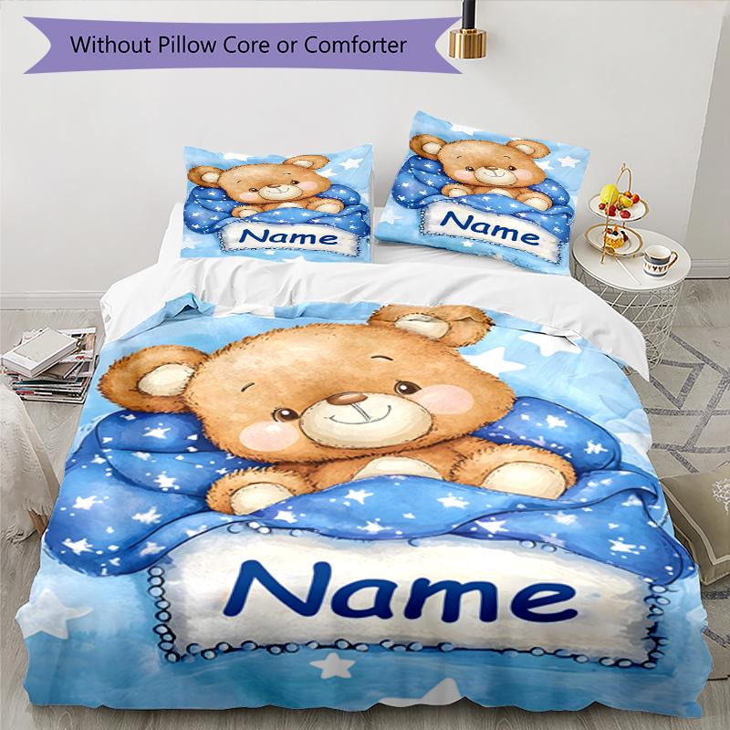 3PC Custom Name Teddy Bear Dreams Bedding Set Duvet Cover Closure Includes 1 Duvet Cover & 2 Pillowcases for Bedroom