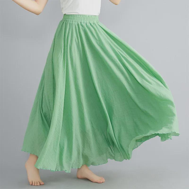 "Mori Girl Plus Size Cotton-Linen Elastic Waist A-Line Skirt, Ethnic Style, 24 Solid Colors"