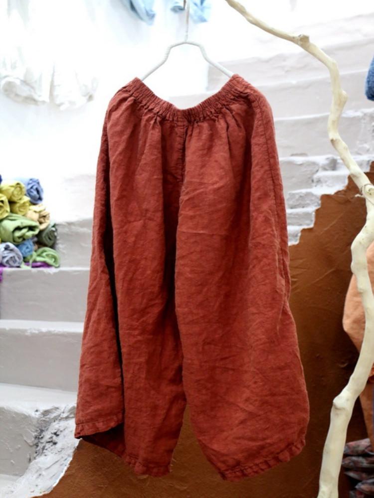 

Johnature летние винтажные свободные хлопковые льняные удобные длинные брюки с эластичной резинкой на талии One Size красный