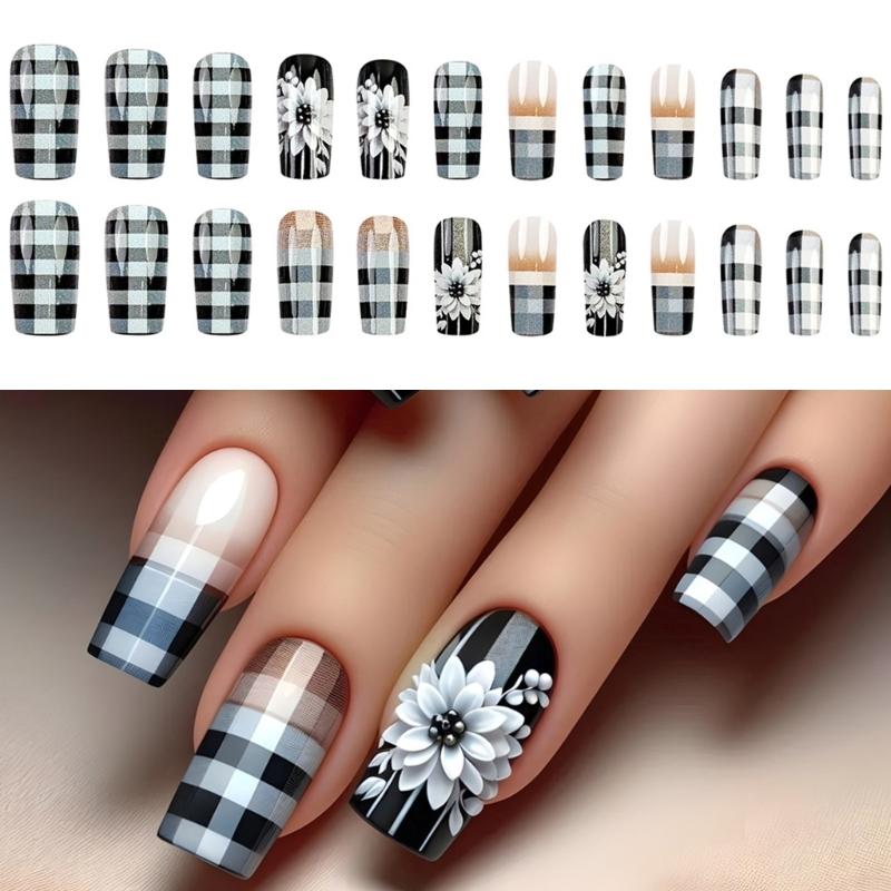 24 Pcs Checkerboard Press On Nail Medium Square False Nail White Flowers Acrylic Nail French Full Cover Stick On Nail