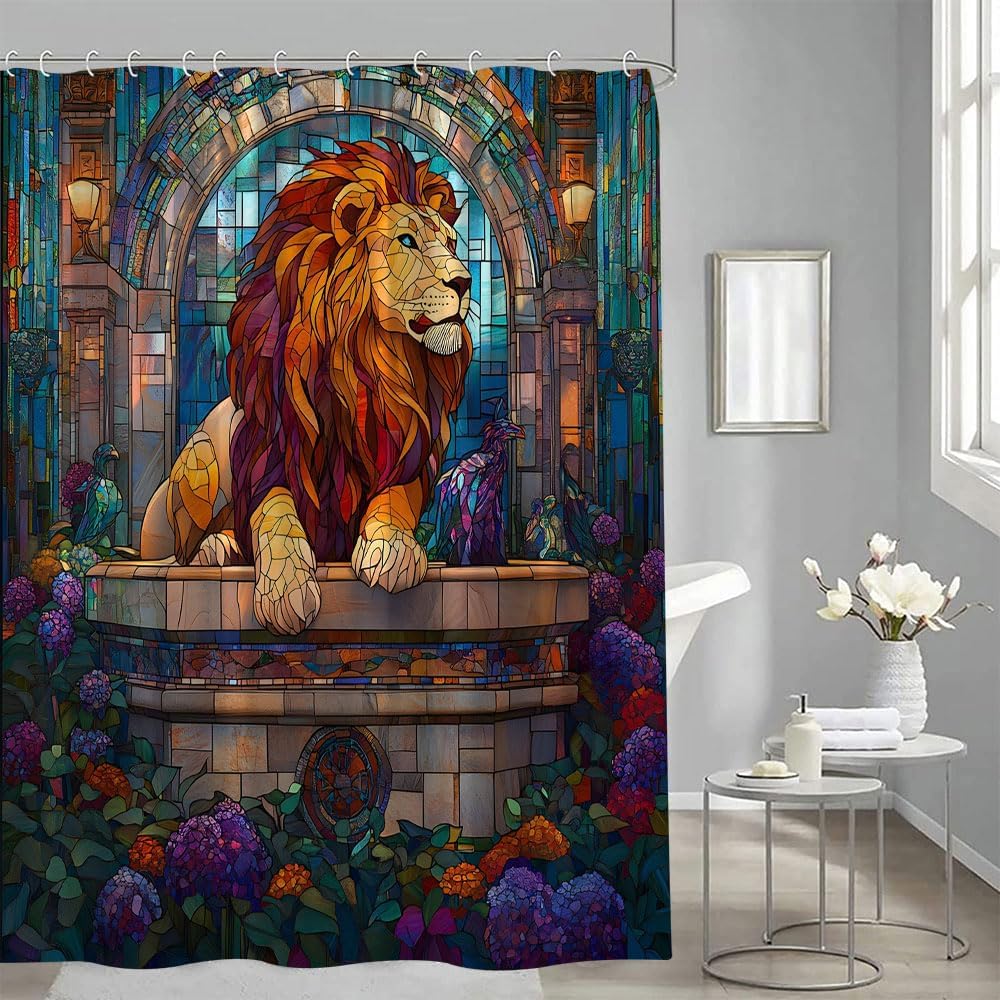 Lion Shower Curtain Stained Glass Tropical Jungle Wild Animal Purple Flower Vintage Afican Safari Forest Oil Painting Nature