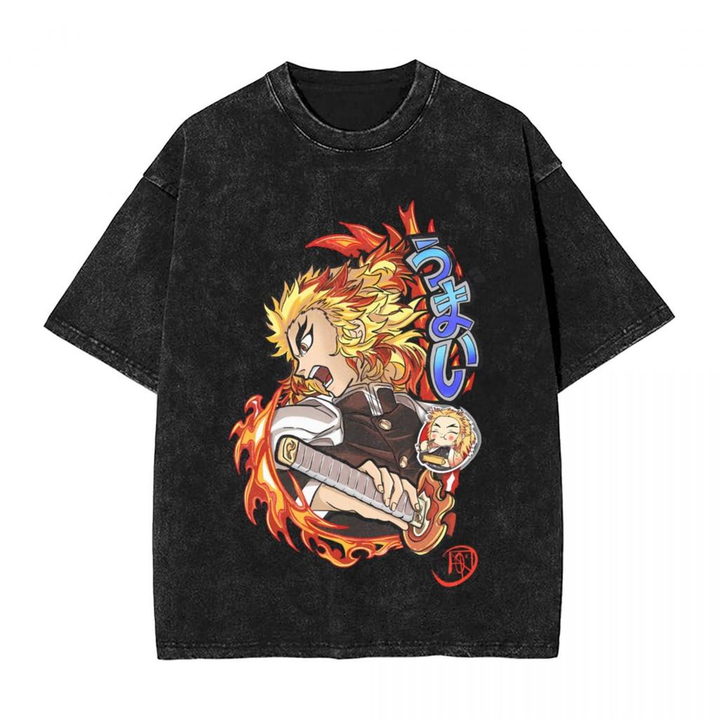 T-shirt Graphique Homme Demon Slayer Rengoku Kyoujurou Coton Street Washed Oversized
