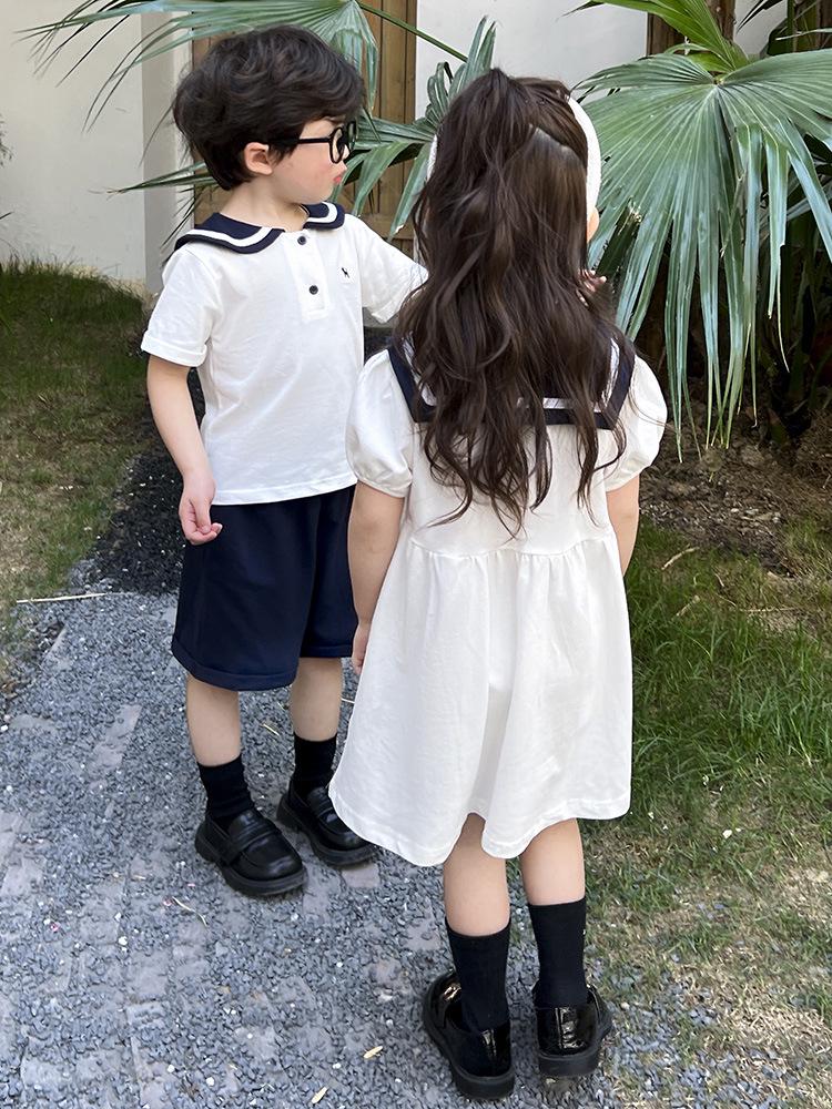 Summer Boys' Sailor Collar & Girls' Academy Style Dress Set - Children's Trendy Sibling Outfits.