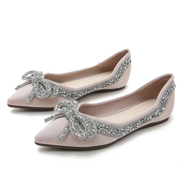 Fashion Rhinestone Single Shoes for Women Summer 2024 Large Size Pointed Toe Flat Sole Bowknot Womens Shoes Zapatos De Mujer