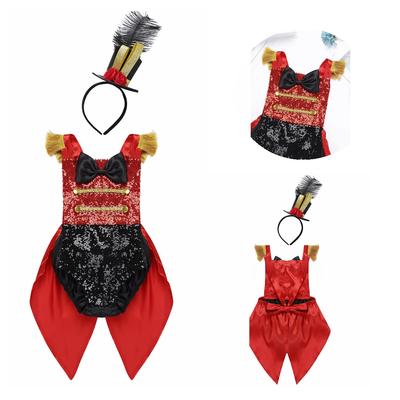 Kids Halloween Showman Ringmaster Circus Gold Trim Back Bowknot Sequined Dresses With Feather Mini Hat