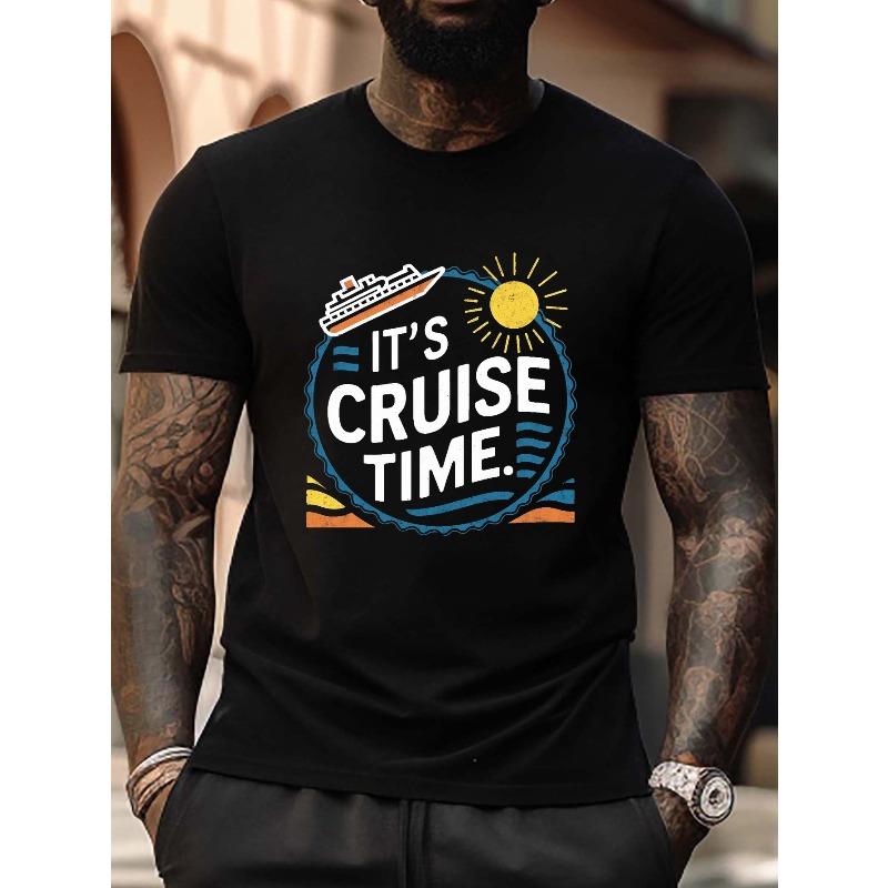 European Size Plus Size Men's Summer T-shirt, It's CRUISE Time Design Graphic Print Short Sleeve Tees, Trendy Casual Tops For Daily Life, Big & Tall
