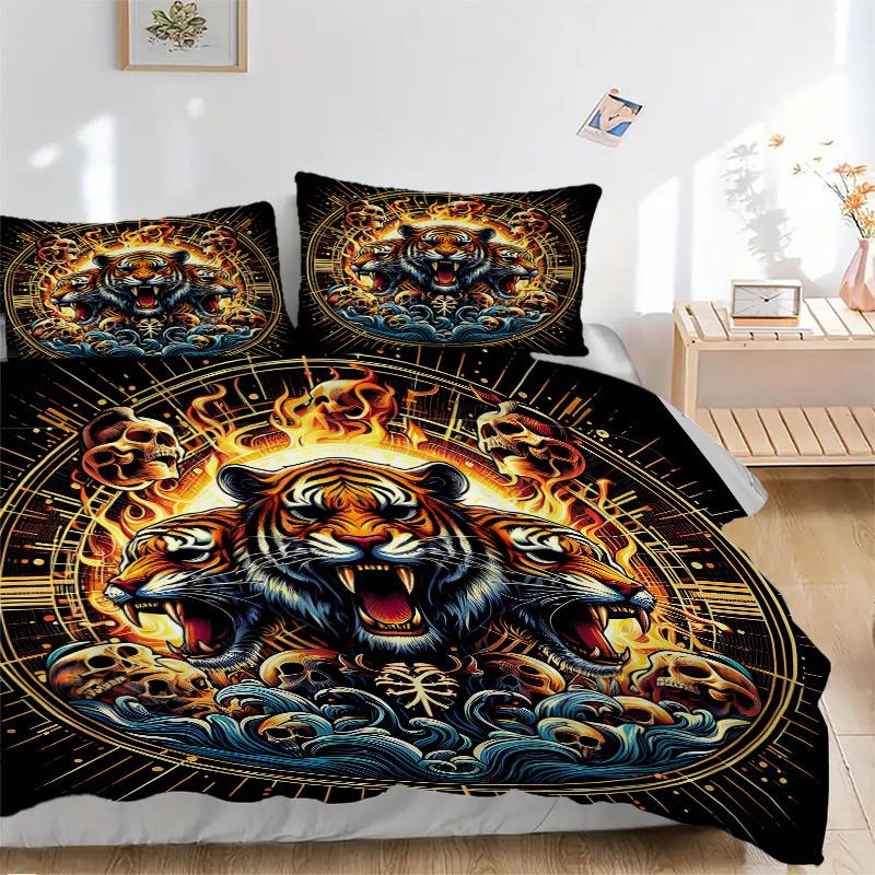 3pcs Flaming Tiger Amidst Waves Pattern Bedding Set, 1* Cover + 2*Pillowcases, Bedding Set, Soft and Comfortable, Bedroom and Guest Room Use