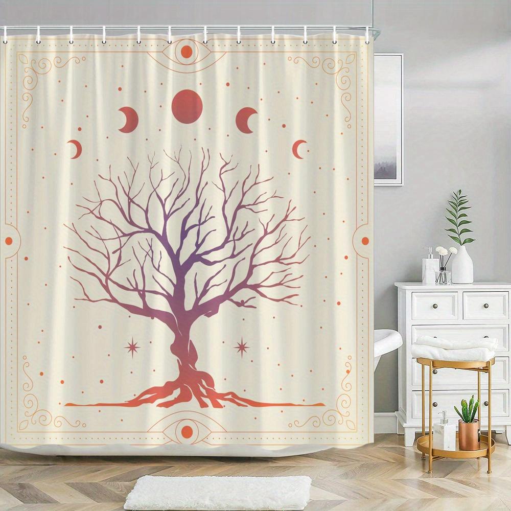 Minimalist Surreal Tree & Crescent Moon Shower Curtain - Red Outline, Mystical Astrological Design, Beige with Gold Patterns 90X180cm