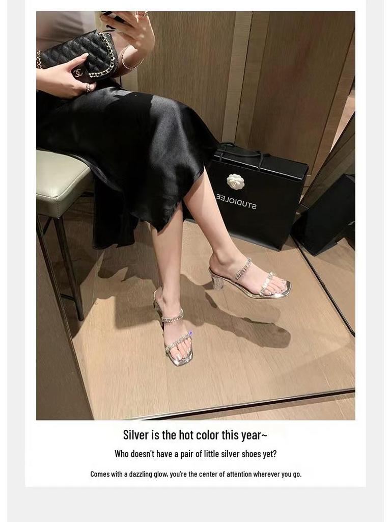 Summer 2025 Korean Fairy Square Toe Rhinestone Strap Transparent Chunky Heel Sandals for Women