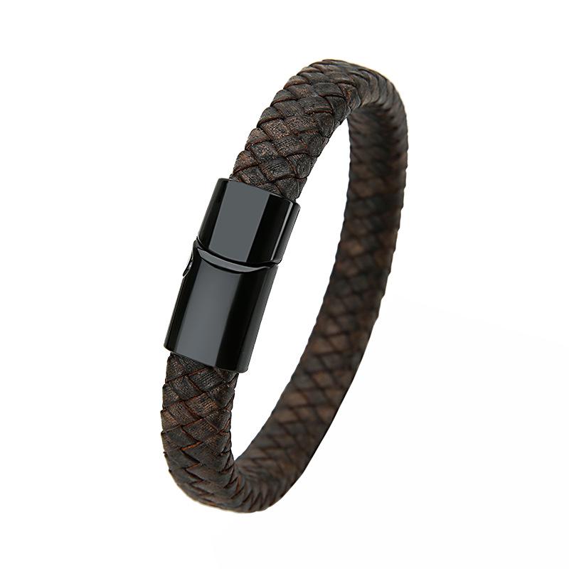 Retro Genuine Leather Men's Woven Cord Bracelet with Magnetic Buckle