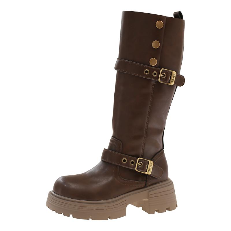 Stylish Block Heel Single Boots Autumn New Round Toe Studded Platform Sleeve Non-Slip Mid-Leg Boots