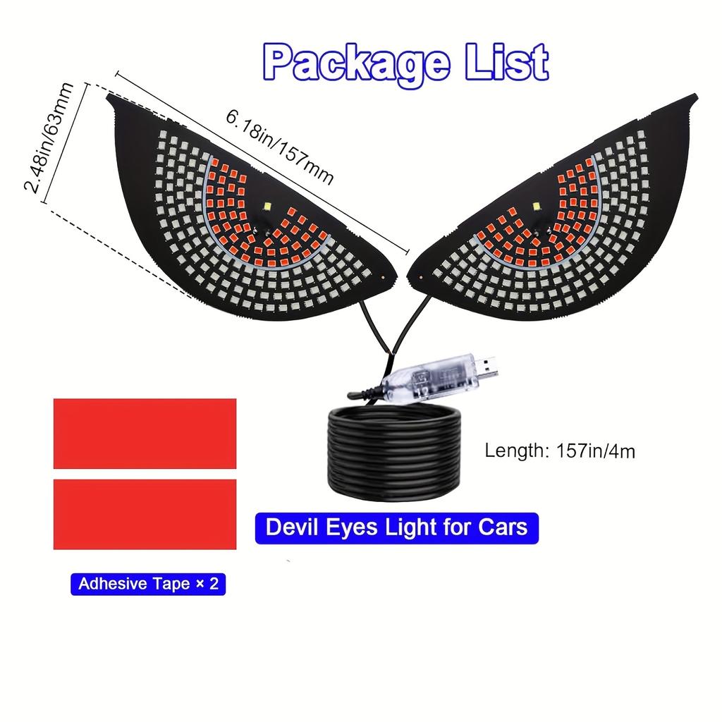 Car Rear Window LED Devil Eyes Light USB Powered with 11 Modes and Adhesive Mount