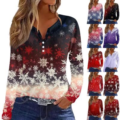 Women's T Shirt Tee Christmas Print Button Long Sleeve Daily Weekend Fashion Basic V- Neck Regular Top
