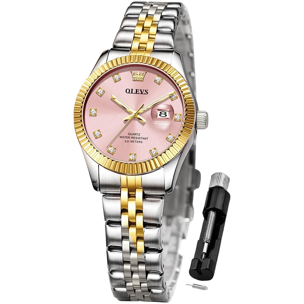 OLEVS Women s Business Dress Watch Gold Silver Tone Stainless Steel Band Analog Quartz Water Resistant 2-Tone Pink Watch